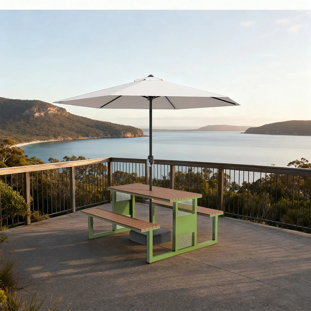 SOLARA Outdoor Table, Chair & Umbrella Set 120/160/200cm High-Temp Coated Steel Frame Strong Load-Bearing Waterproof Plastic-Wood Smooth Finish - Green