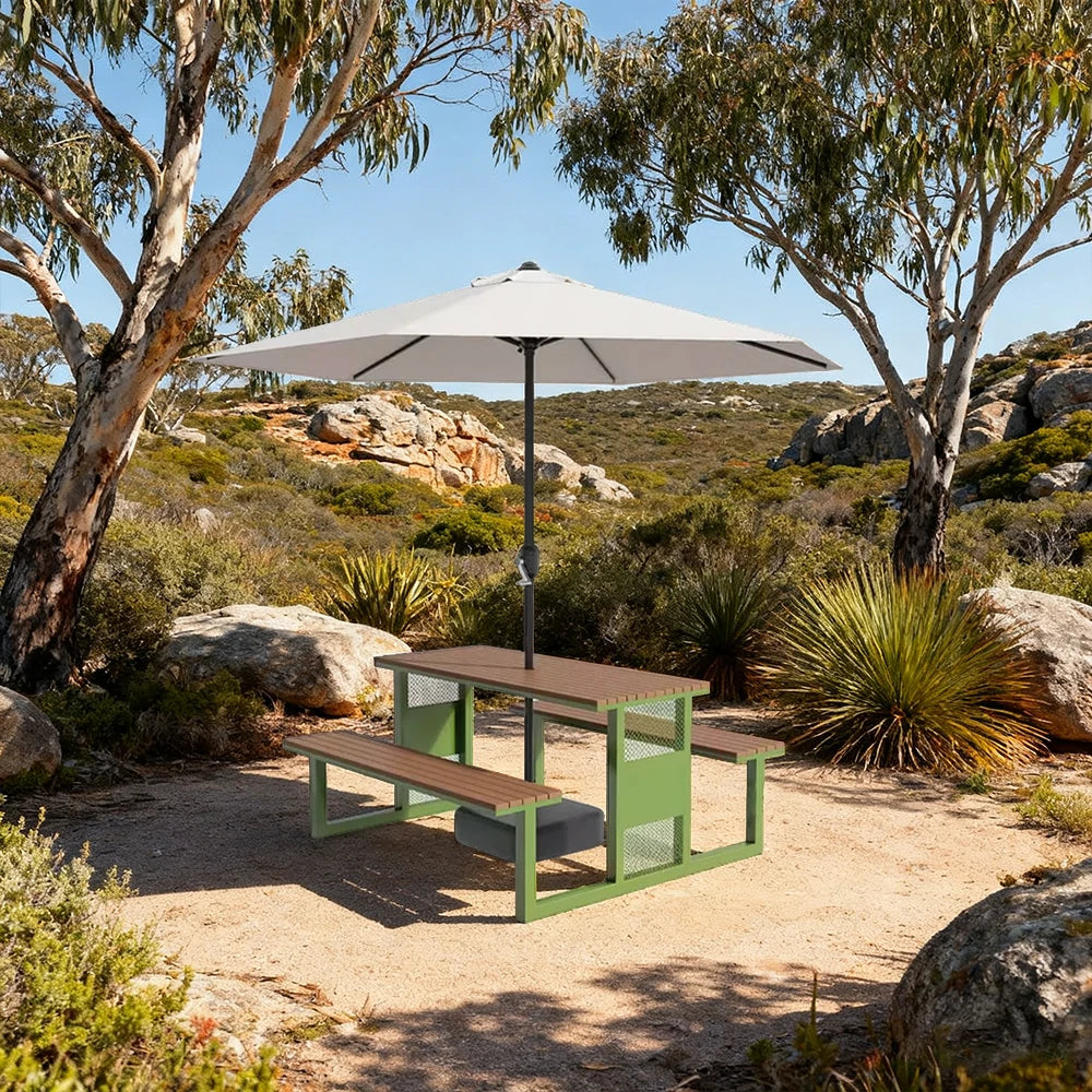 SOLARA Outdoor Table, Chair & Umbrella Set 120/160/200cm High-Temp Coated Steel Frame Strong Load-Bearing Waterproof Plastic-Wood Smooth Finish - Green