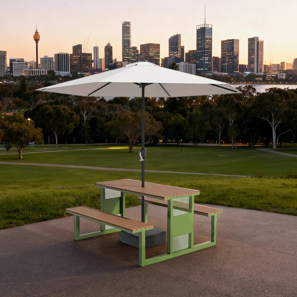 SOLARA Outdoor Table, Chair & Umbrella Set 120/160/200cm High-Temp Coated Steel Frame Strong Load-Bearing Waterproof Plastic-Wood Smooth Finish - Green