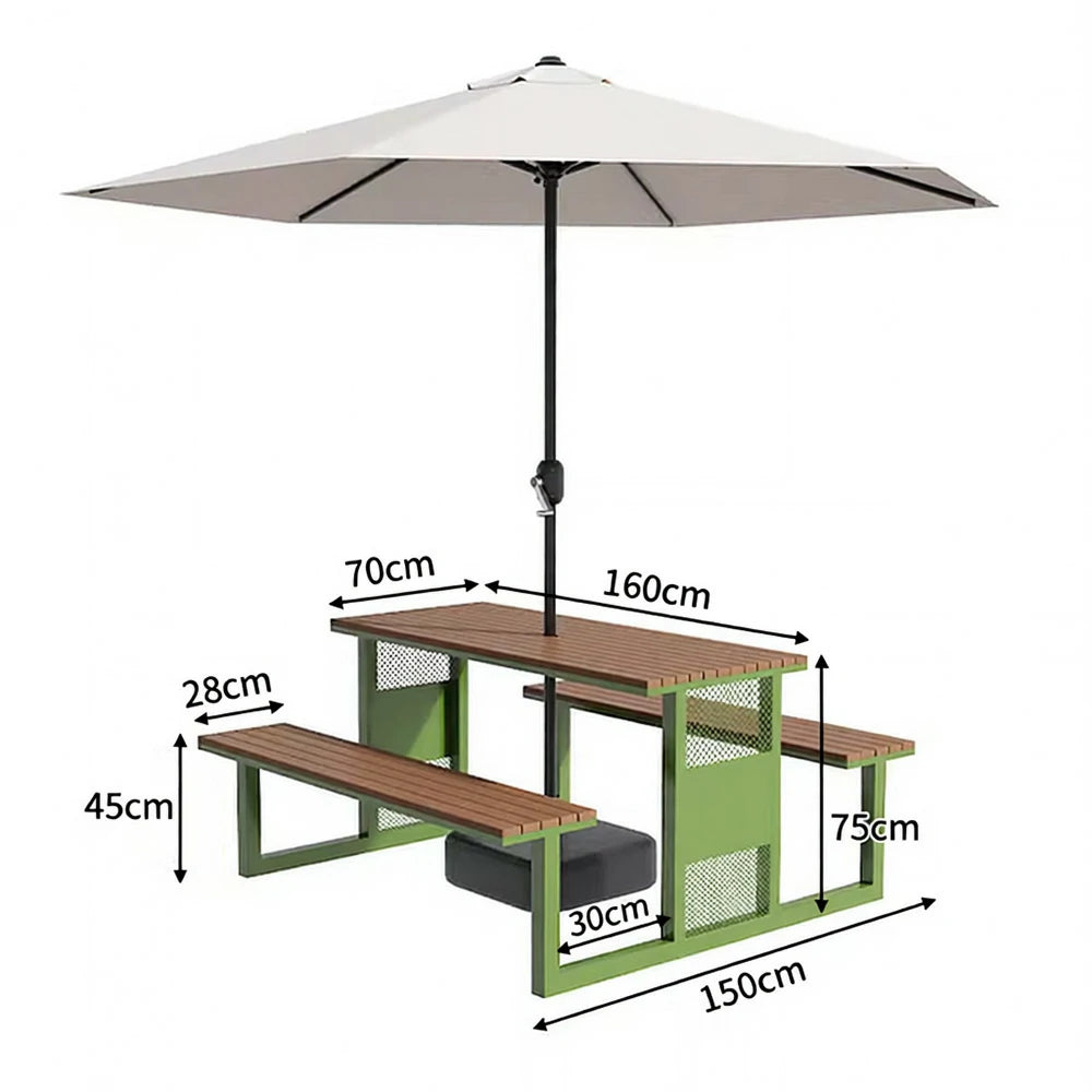 SOLARA Outdoor Table, Chair & Umbrella Set 120/160/200cm High-Temp Coated Steel Frame Strong Load-Bearing Waterproof Plastic-Wood Smooth Finish - Green