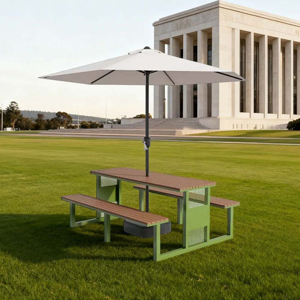 SOLARA Outdoor Table, Chair & Umbrella Set 120/160/200cm High-Temp Coated Steel Frame Strong Load-Bearing Waterproof Plastic-Wood Smooth Finish - Green