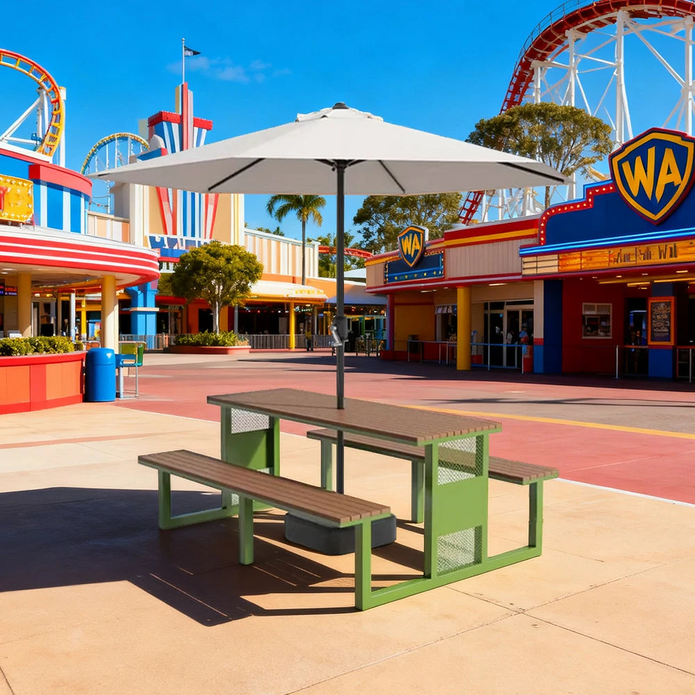 SOLARA Outdoor Table, Chair & Umbrella Set 120/160/200cm High-Temp Coated Steel Frame Strong Load-Bearing Waterproof Plastic-Wood Smooth Finish - Green