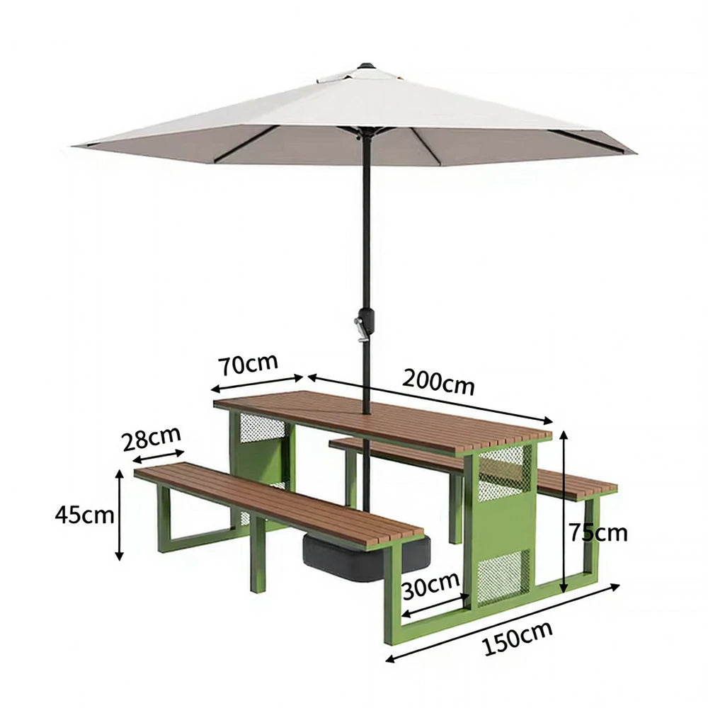 SOLARA Outdoor Table, Chair & Umbrella Set 120/160/200cm High-Temp Coated Steel Frame Strong Load-Bearing Waterproof Plastic-Wood Smooth Finish - Green