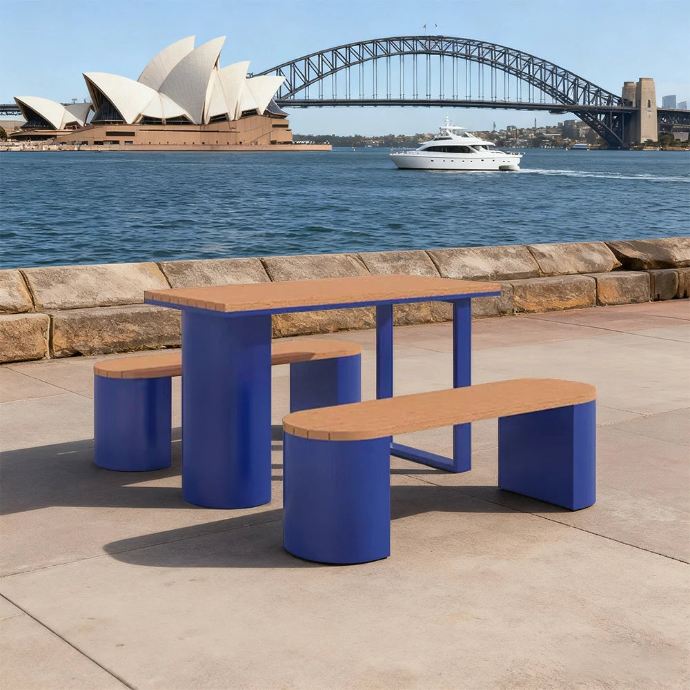 SOLARA Outdoor Table & Chair Set 120/140/160cm Anti-Corrosion Durable Steel Support Thick Plastic-Wood Surface Waterproof Sun-Resistant Design - Blue