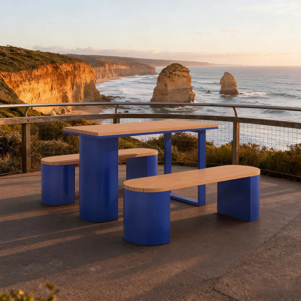 SOLARA Outdoor Table & Chair Set 120/140/160cm Anti-Corrosion Durable Steel Support Thick Plastic-Wood Surface Waterproof Sun-Resistant Design - Blue