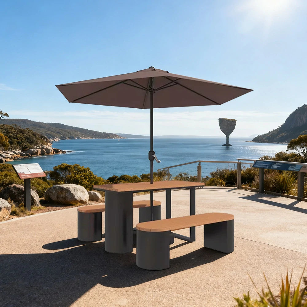 SOLARA Outdoor Table, Chair & Umbrella Set 120/140/160cm Anti-Corrosion Durable Steel Support Thick Plastic-Wood Surface Waterproof Sun-Resistant Design - Black