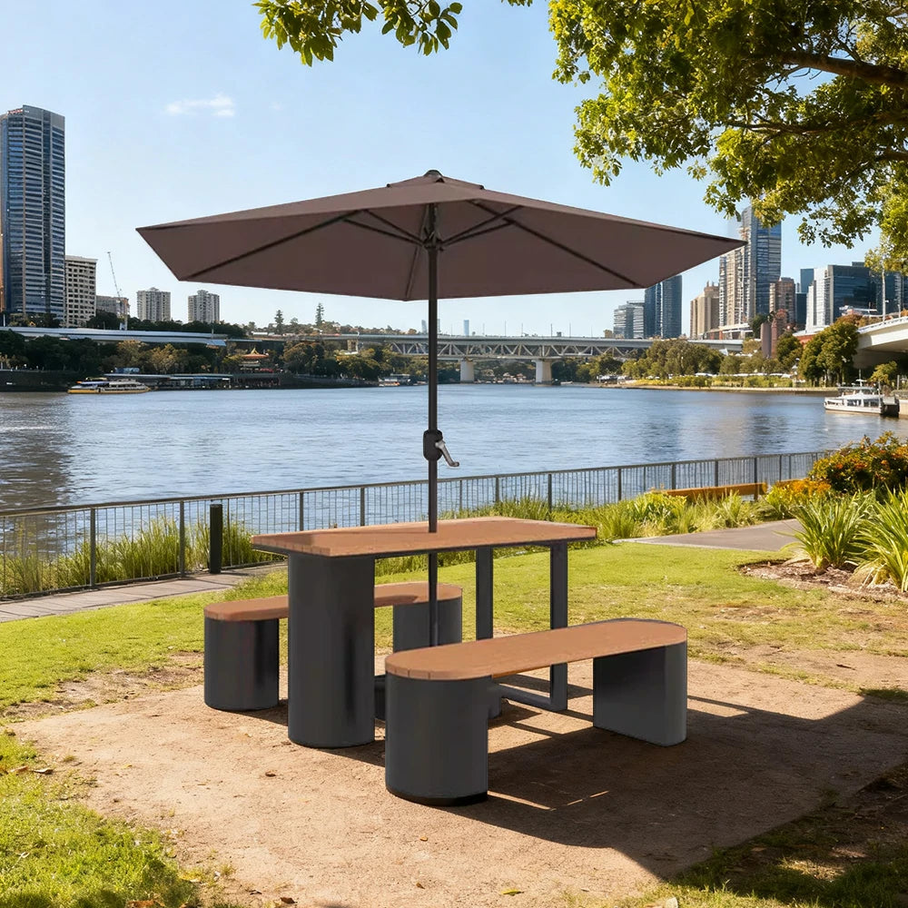 SOLARA Outdoor Table, Chair & Umbrella Set 120/140/160cm Anti-Corrosion Durable Steel Support Thick Plastic-Wood Surface Waterproof Sun-Resistant Design - Black