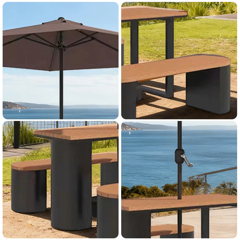SOLARA Outdoor Table, Chair & Umbrella Set 120/140/160cm Anti-Corrosion Durable Steel Support Thick Plastic-Wood Surface Waterproof Sun-Resistant Design - Black