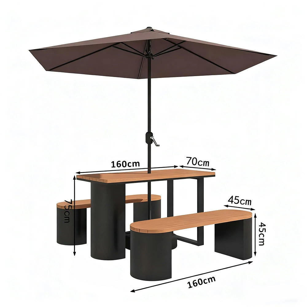 SOLARA Outdoor Table, Chair & Umbrella Set 120/140/160cm Anti-Corrosion Durable Steel Support Thick Plastic-Wood Surface Waterproof Sun-Resistant Design - Black