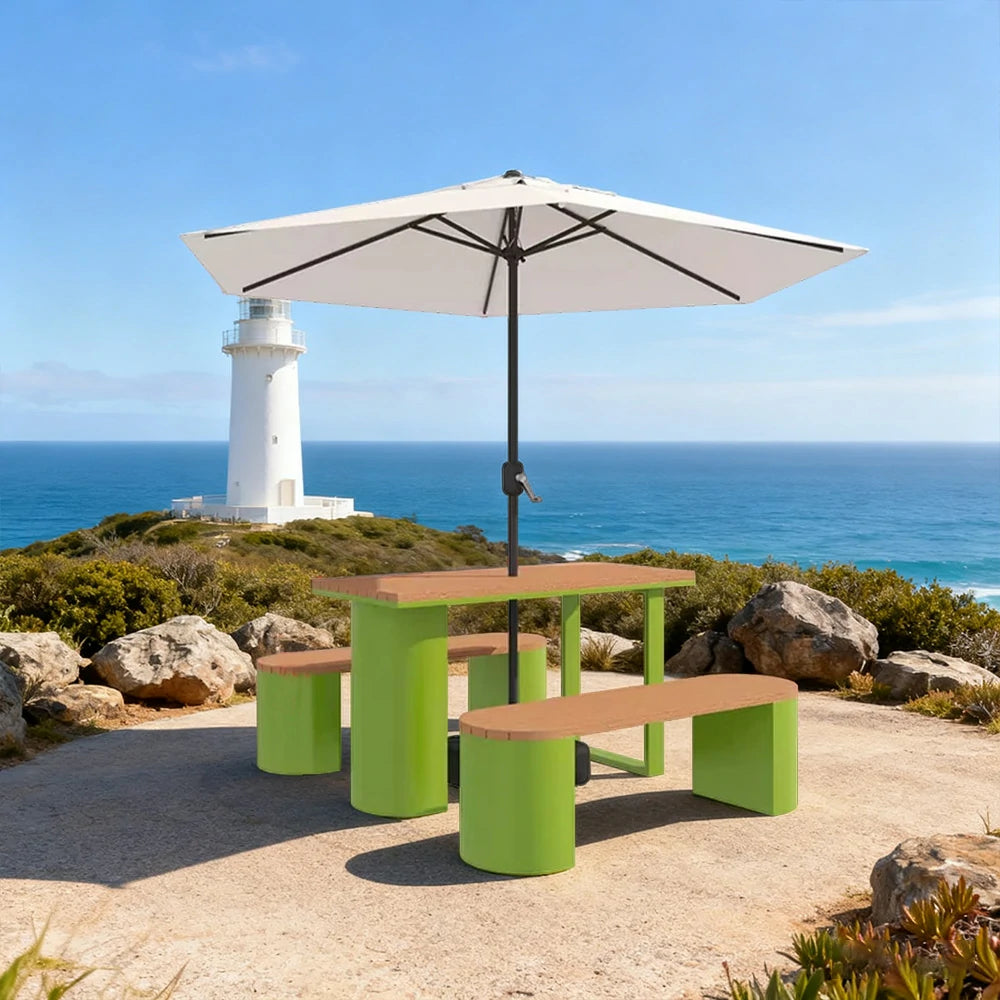 SOLARA Outdoor Table, Chair & Umbrella Set 120/140/160cm Anti-Corrosion Durable Steel Support Thick Plastic-Wood Surface Waterproof Sun-Resistant Design - Green