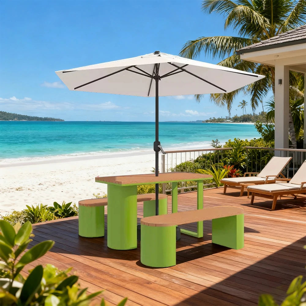 SOLARA Outdoor Table, Chair & Umbrella Set 120/140/160cm Anti-Corrosion Durable Steel Support Thick Plastic-Wood Surface Waterproof Sun-Resistant Design - Green