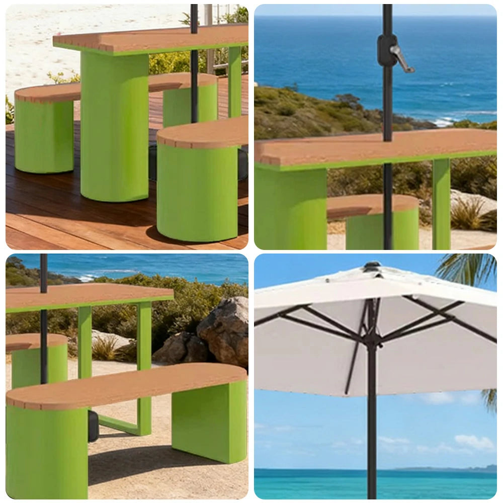 SOLARA Outdoor Table, Chair & Umbrella Set 120/140/160cm Anti-Corrosion Durable Steel Support Thick Plastic-Wood Surface Waterproof Sun-Resistant Design - Green