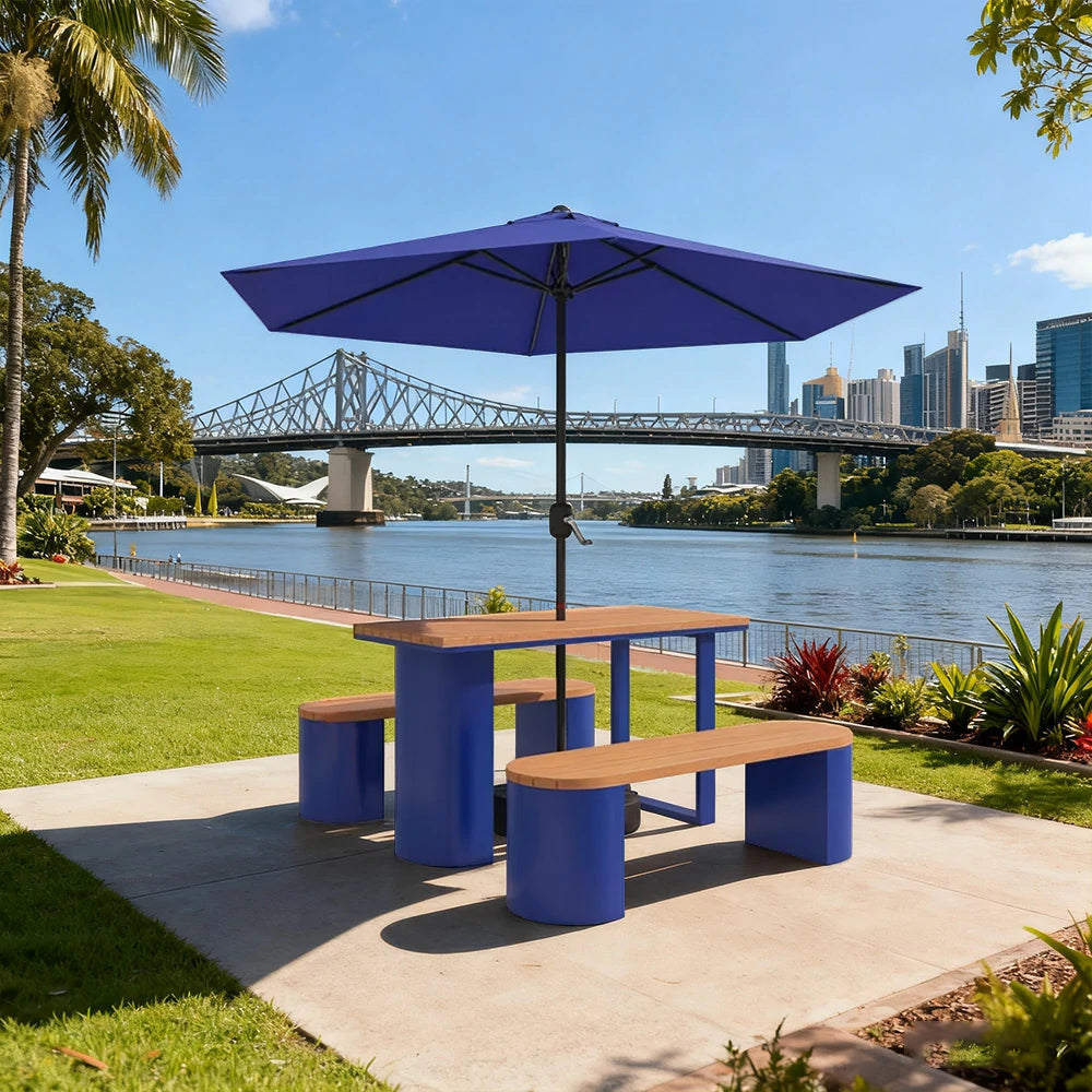SOLARA Outdoor Table, Chair & Umbrella Set 120/140/160cm Anti-Corrosion Durable Steel Support Thick Plastic-Wood Surface Waterproof Sun-Resistant Design - Blue