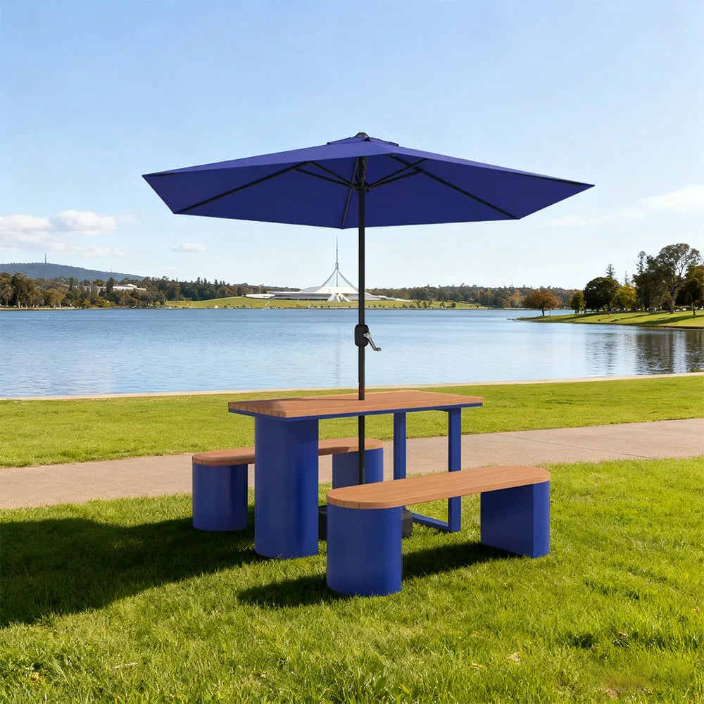 SOLARA Outdoor Table, Chair & Umbrella Set 120/140/160cm Anti-Corrosion Durable Steel Support Thick Plastic-Wood Surface Waterproof Sun-Resistant Design - Blue