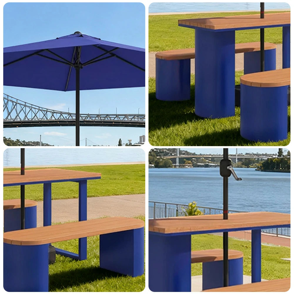 SOLARA Outdoor Table, Chair & Umbrella Set 120/140/160cm Anti-Corrosion Durable Steel Support Thick Plastic-Wood Surface Waterproof Sun-Resistant Design - Blue