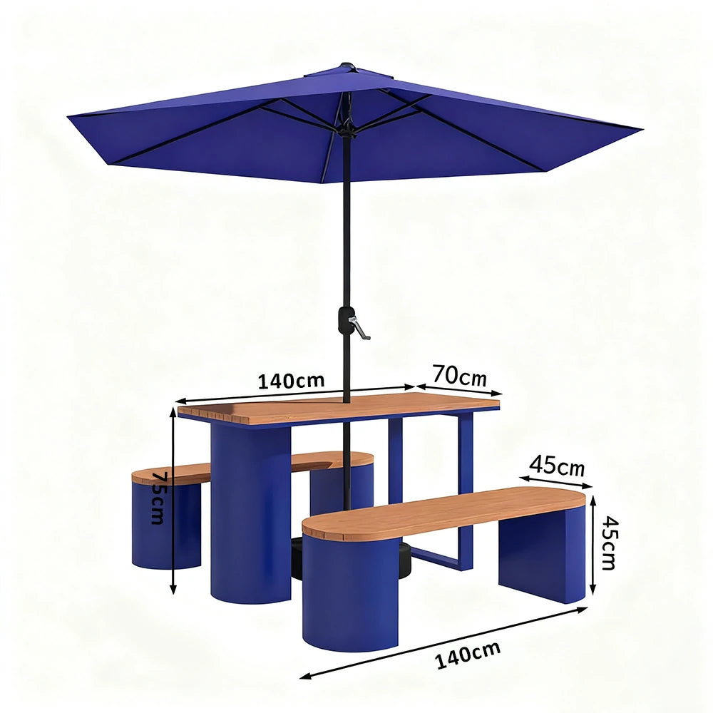 SOLARA Outdoor Table, Chair & Umbrella Set 120/140/160cm Anti-Corrosion Durable Steel Support Thick Plastic-Wood Surface Waterproof Sun-Resistant Design - Blue