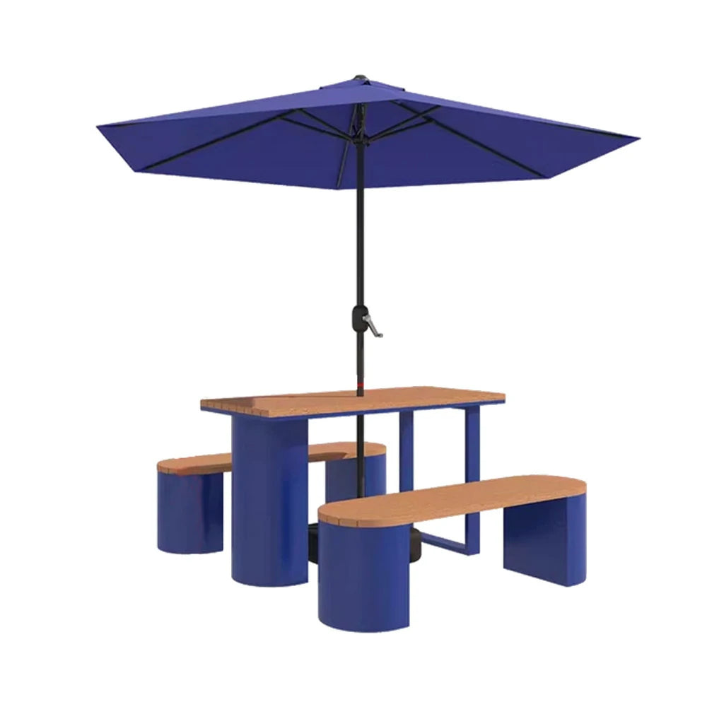 SOLARA Outdoor Table, Chair & Umbrella Set 120/140/160cm Anti-Corrosion Durable Steel Support Thick Plastic-Wood Surface Waterproof Sun-Resistant Design - Blue