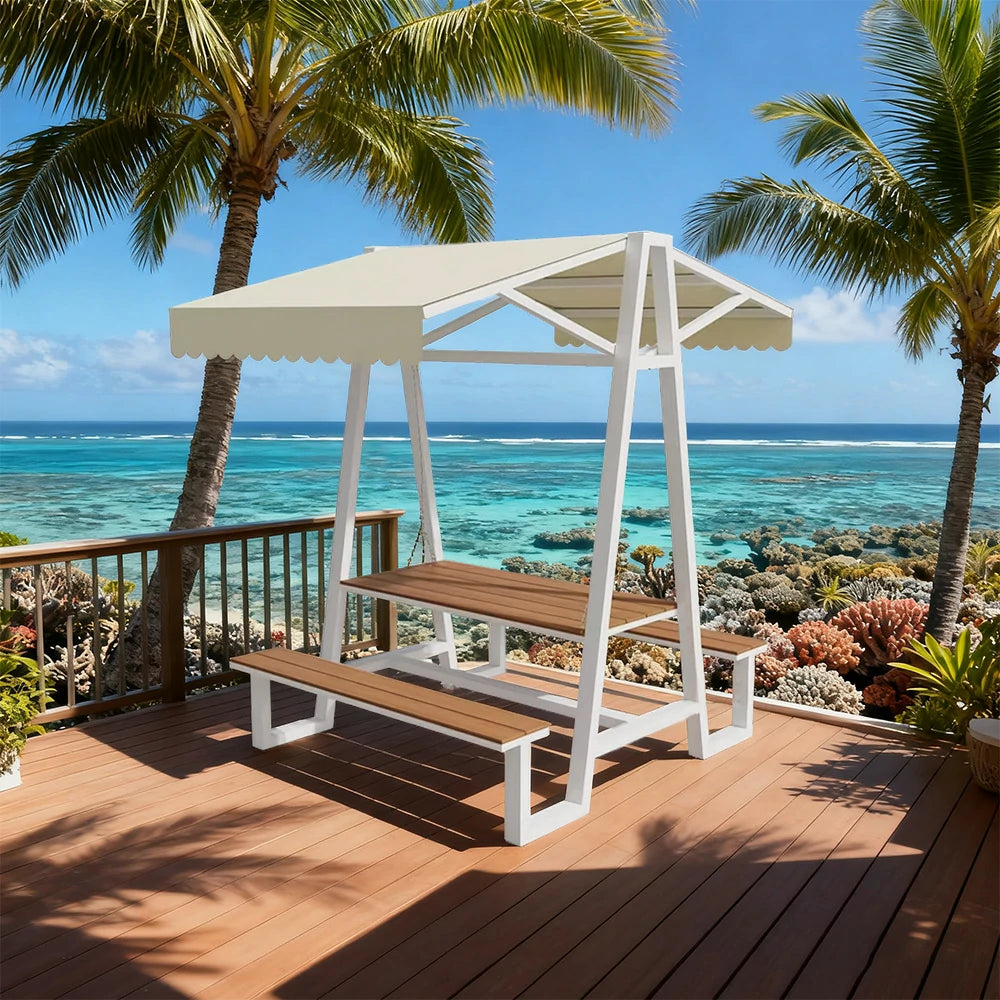 SOLARA Outdoor Canopy Table Set 120/160/200cm Waterproof Sunproof Thick Canopy Metal Frame High-Temp Coated Anti-Rust Stability - White&Beige