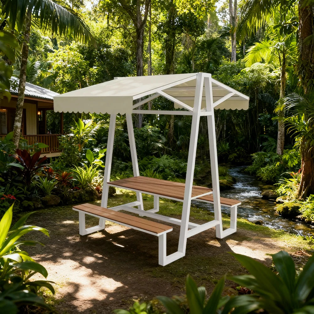 SOLARA Outdoor Canopy Table Set 120/160/200cm Waterproof Sunproof Thick Canopy Metal Frame High-Temp Coated Anti-Rust Stability - White&Beige