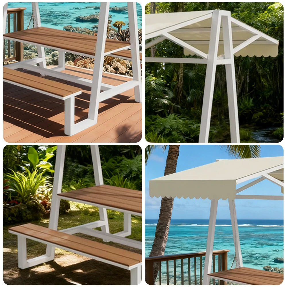 SOLARA Outdoor Canopy Table Set 120/160/200cm Waterproof Sunproof Thick Canopy Metal Frame High-Temp Coated Anti-Rust Stability - White&Beige
