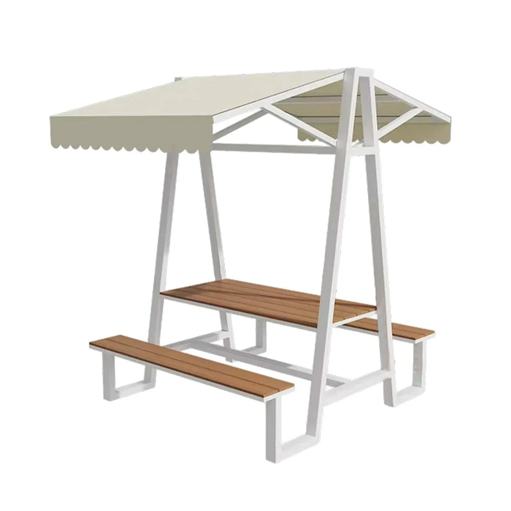 SOLARA Outdoor Canopy Table Set 120/160/200cm Waterproof Sunproof Thick Canopy Metal Frame High-Temp Coated Anti-Rust Stability - White&Beige
