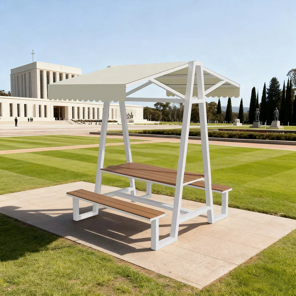 SOLARA Outdoor Canopy Table Set 120/160/200cm Waterproof Sunproof Thick Canopy Metal Frame High-Temp Coated Anti-Rust Stability - White&Beige