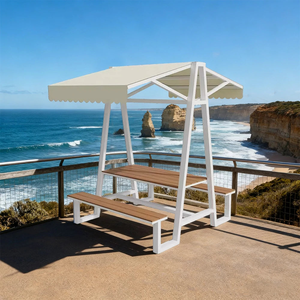 SOLARA Outdoor Canopy Table Set 120/160/200cm Waterproof Sunproof Thick Canopy Metal Frame High-Temp Coated Anti-Rust Stability - White&Beige