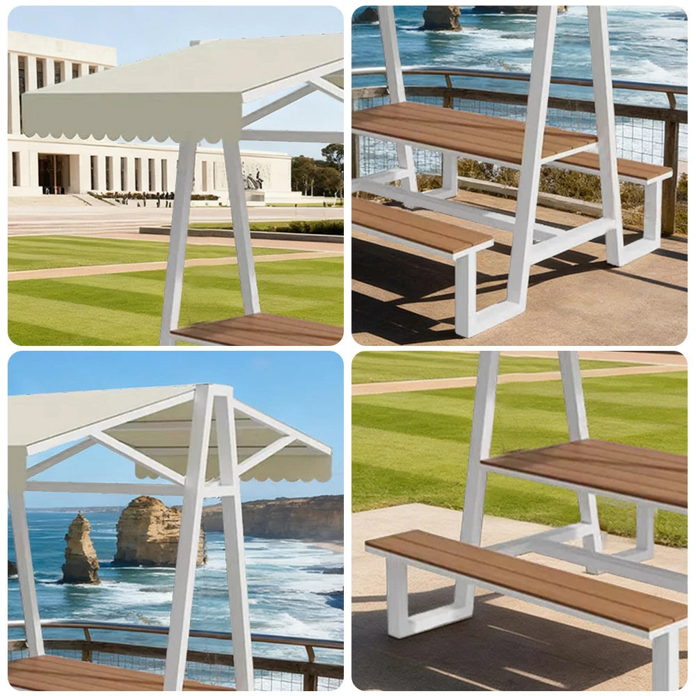 SOLARA Outdoor Canopy Table Set 120/160/200cm Waterproof Sunproof Thick Canopy Metal Frame High-Temp Coated Anti-Rust Stability - White&Beige