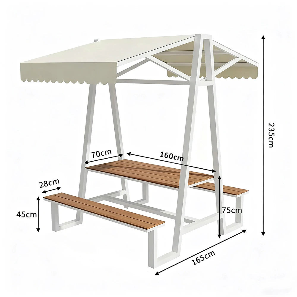 SOLARA Outdoor Canopy Table Set 120/160/200cm Waterproof Sunproof Thick Canopy Metal Frame High-Temp Coated Anti-Rust Stability - White&Beige