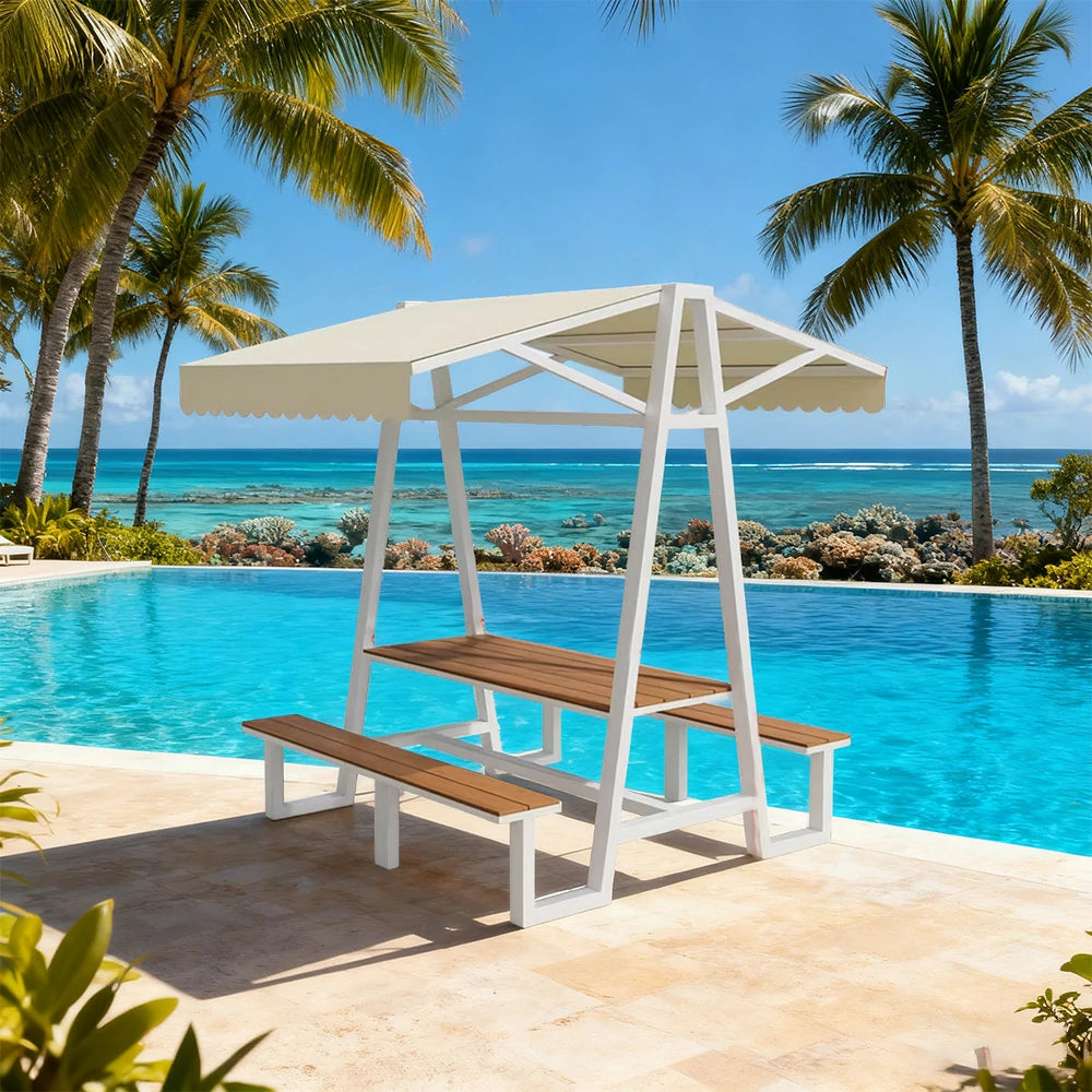 SOLARA Outdoor Canopy Table Set 120/160/200cm Waterproof Sunproof Thick Canopy Metal Frame High-Temp Coated Anti-Rust Stability - White&Beige