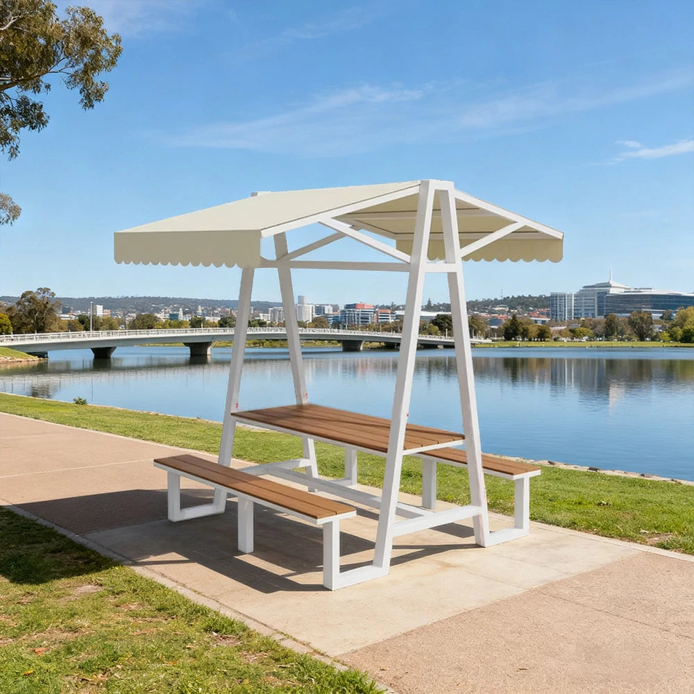 SOLARA Outdoor Canopy Table Set 120/160/200cm Waterproof Sunproof Thick Canopy Metal Frame High-Temp Coated Anti-Rust Stability - White&Beige