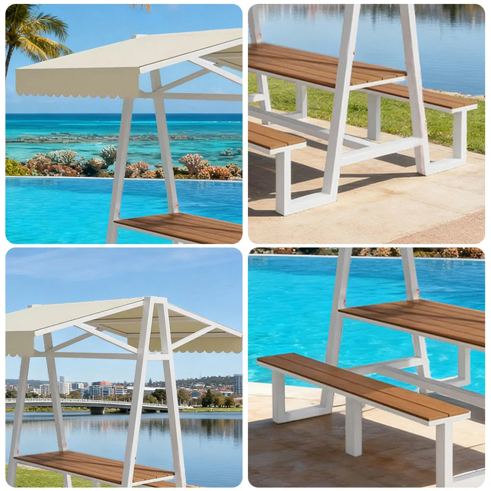 SOLARA Outdoor Canopy Table Set 120/160/200cm Waterproof Sunproof Thick Canopy Metal Frame High-Temp Coated Anti-Rust Stability - White&Beige