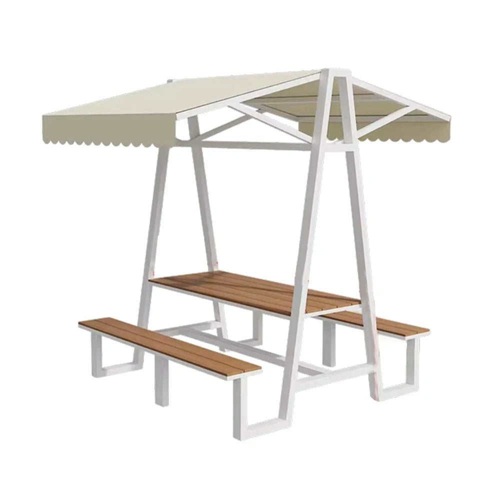 SOLARA Outdoor Canopy Table Set 120/160/200cm Waterproof Sunproof Thick Canopy Metal Frame High-Temp Coated Anti-Rust Stability - White&Beige
