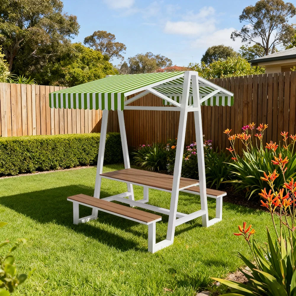 SOLARA Outdoor Canopy Table Set 120/160/200cm Waterproof Sunproof Thick Canopy Metal Frame High-Temp Coated Anti-Rust Stability - White&Green