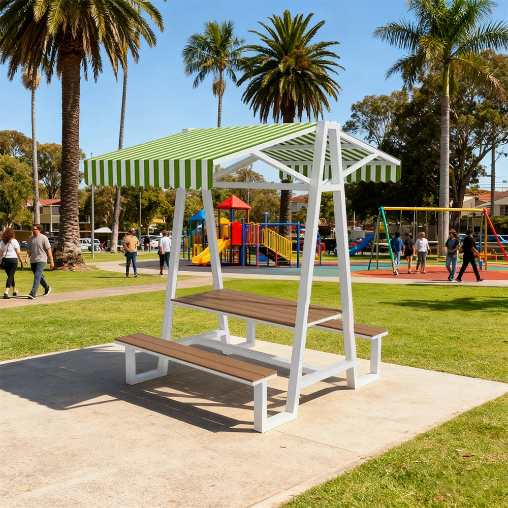SOLARA Outdoor Canopy Table Set 120/160/200cm Waterproof Sunproof Thick Canopy Metal Frame High-Temp Coated Anti-Rust Stability - White&Green