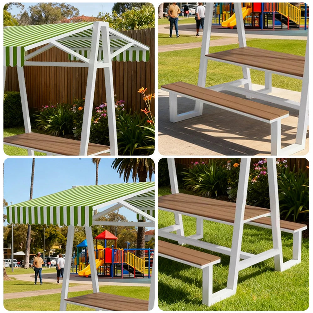 SOLARA Outdoor Canopy Table Set 120/160/200cm Waterproof Sunproof Thick Canopy Metal Frame High-Temp Coated Anti-Rust Stability - White&Green