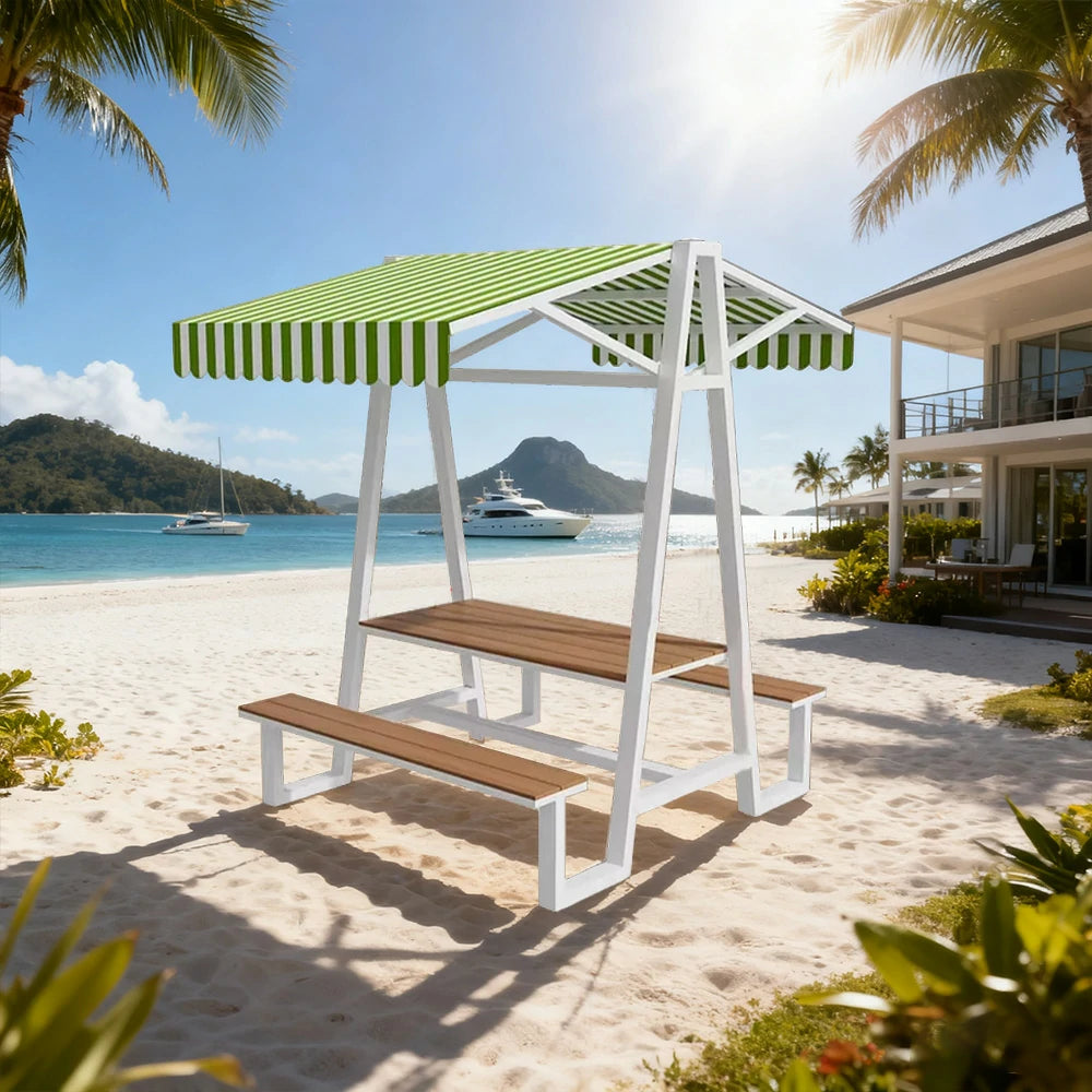 SOLARA Outdoor Canopy Table Set 120/160/200cm Waterproof Sunproof Thick Canopy Metal Frame High-Temp Coated Anti-Rust Stability - White&Green