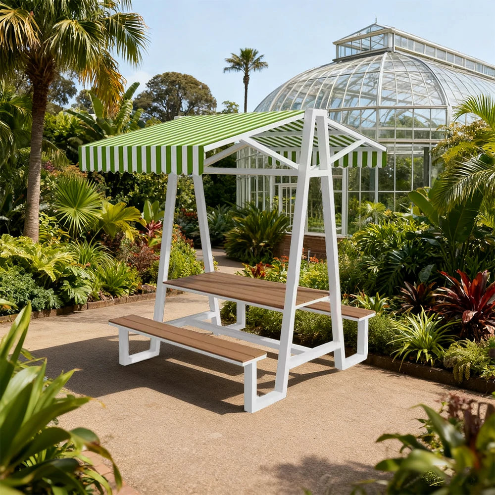 SOLARA Outdoor Canopy Table Set 120/160/200cm Waterproof Sunproof Thick Canopy Metal Frame High-Temp Coated Anti-Rust Stability - White&Green