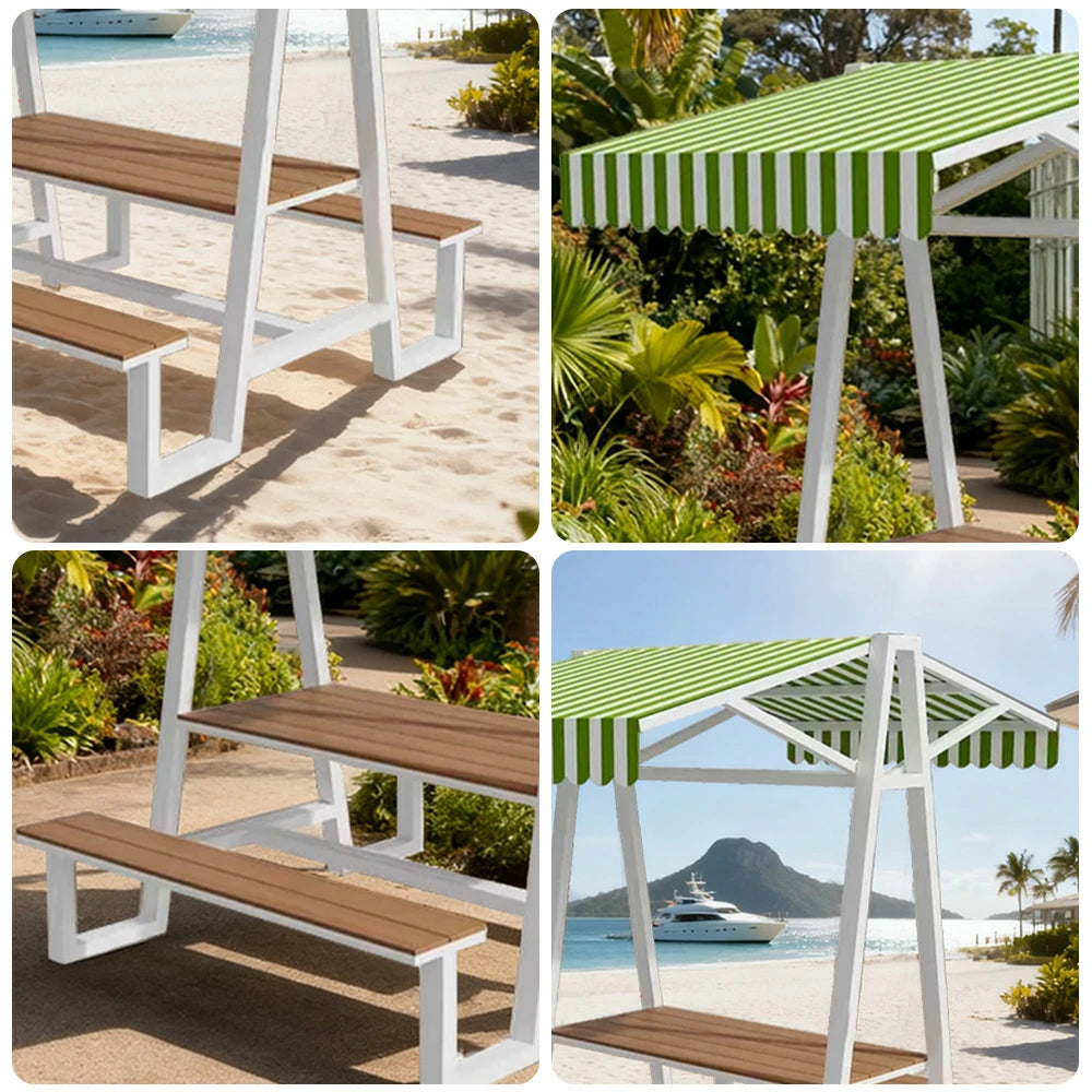 SOLARA Outdoor Canopy Table Set 120/160/200cm Waterproof Sunproof Thick Canopy Metal Frame High-Temp Coated Anti-Rust Stability - White&Green