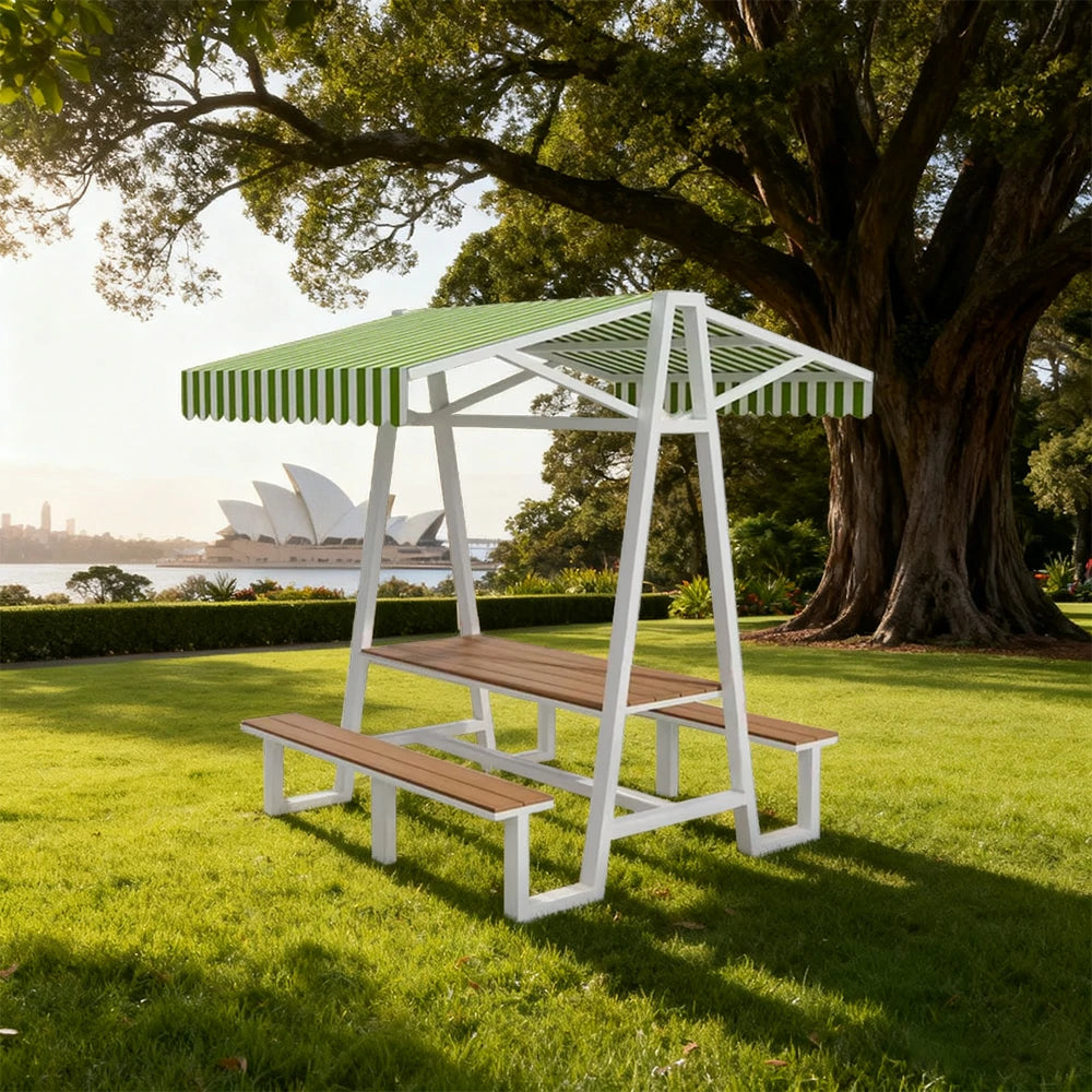 SOLARA Outdoor Canopy Table Set 120/160/200cm Waterproof Sunproof Thick Canopy Metal Frame High-Temp Coated Anti-Rust Stability - White&Green