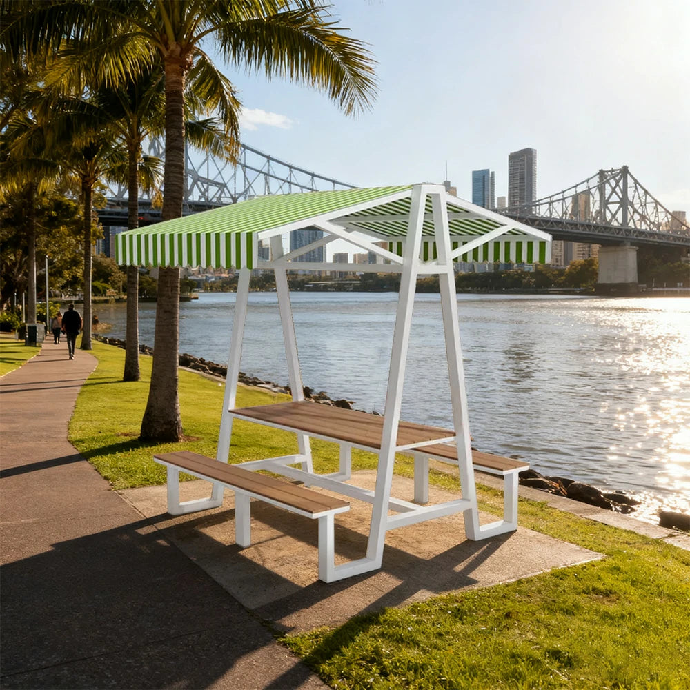 SOLARA Outdoor Canopy Table Set 120/160/200cm Waterproof Sunproof Thick Canopy Metal Frame High-Temp Coated Anti-Rust Stability - White&Green