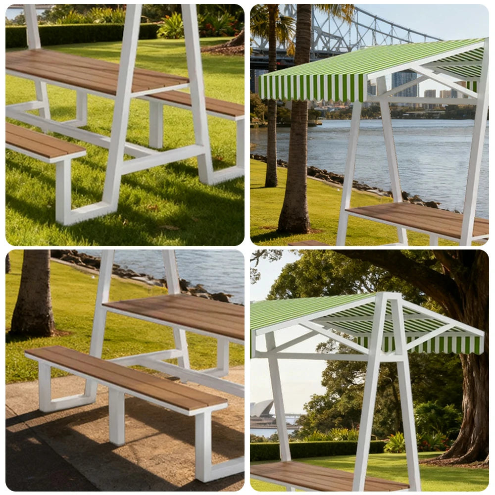 SOLARA Outdoor Canopy Table Set 120/160/200cm Waterproof Sunproof Thick Canopy Metal Frame High-Temp Coated Anti-Rust Stability - White&Green