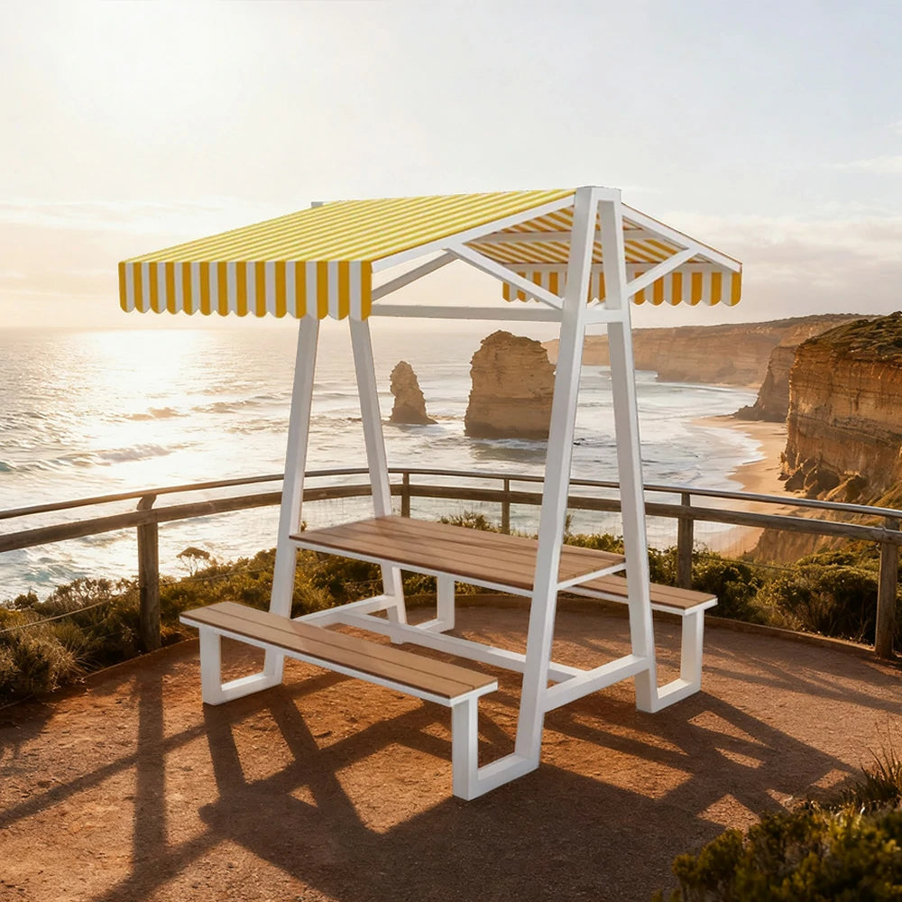 SOLARA Outdoor Canopy Table Set 120/160/200cm Waterproof Sunproof Thick Canopy Metal Frame High-Temp Coated Anti-Rust Stability - White&Yellow