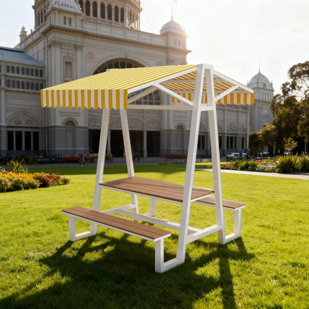 SOLARA Outdoor Canopy Table Set 120/160/200cm Waterproof Sunproof Thick Canopy Metal Frame High-Temp Coated Anti-Rust Stability - White&Yellow