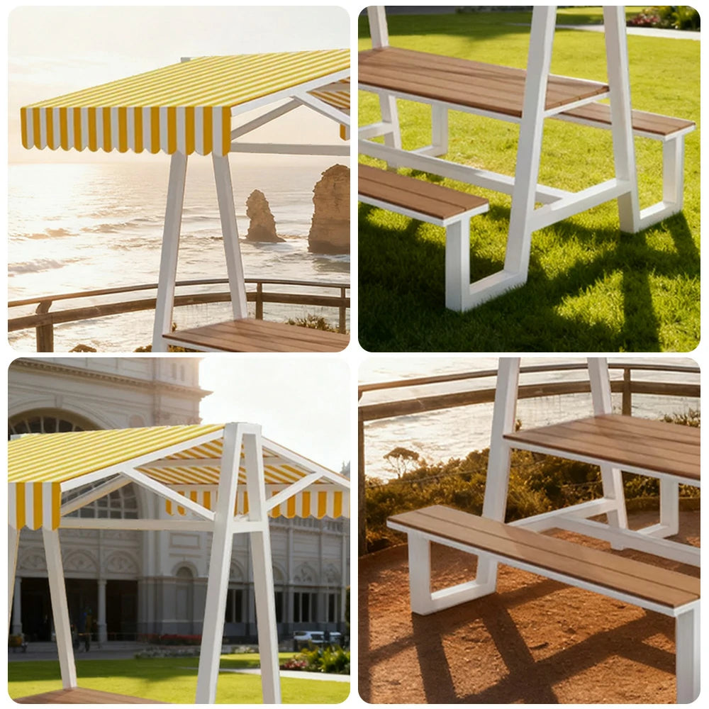 SOLARA Outdoor Canopy Table Set 120/160/200cm Waterproof Sunproof Thick Canopy Metal Frame High-Temp Coated Anti-Rust Stability - White&Yellow