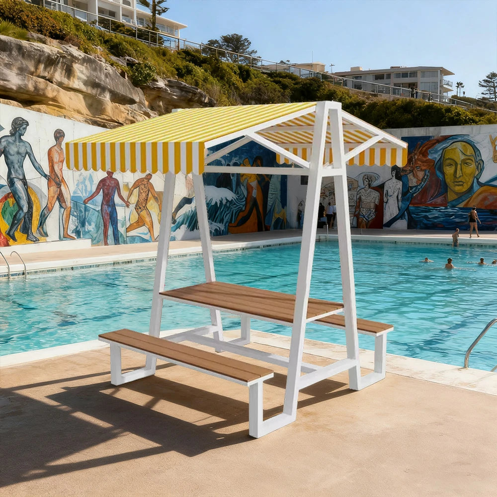 SOLARA Outdoor Canopy Table Set 120/160/200cm Waterproof Sunproof Thick Canopy Metal Frame High-Temp Coated Anti-Rust Stability - White&Yellow