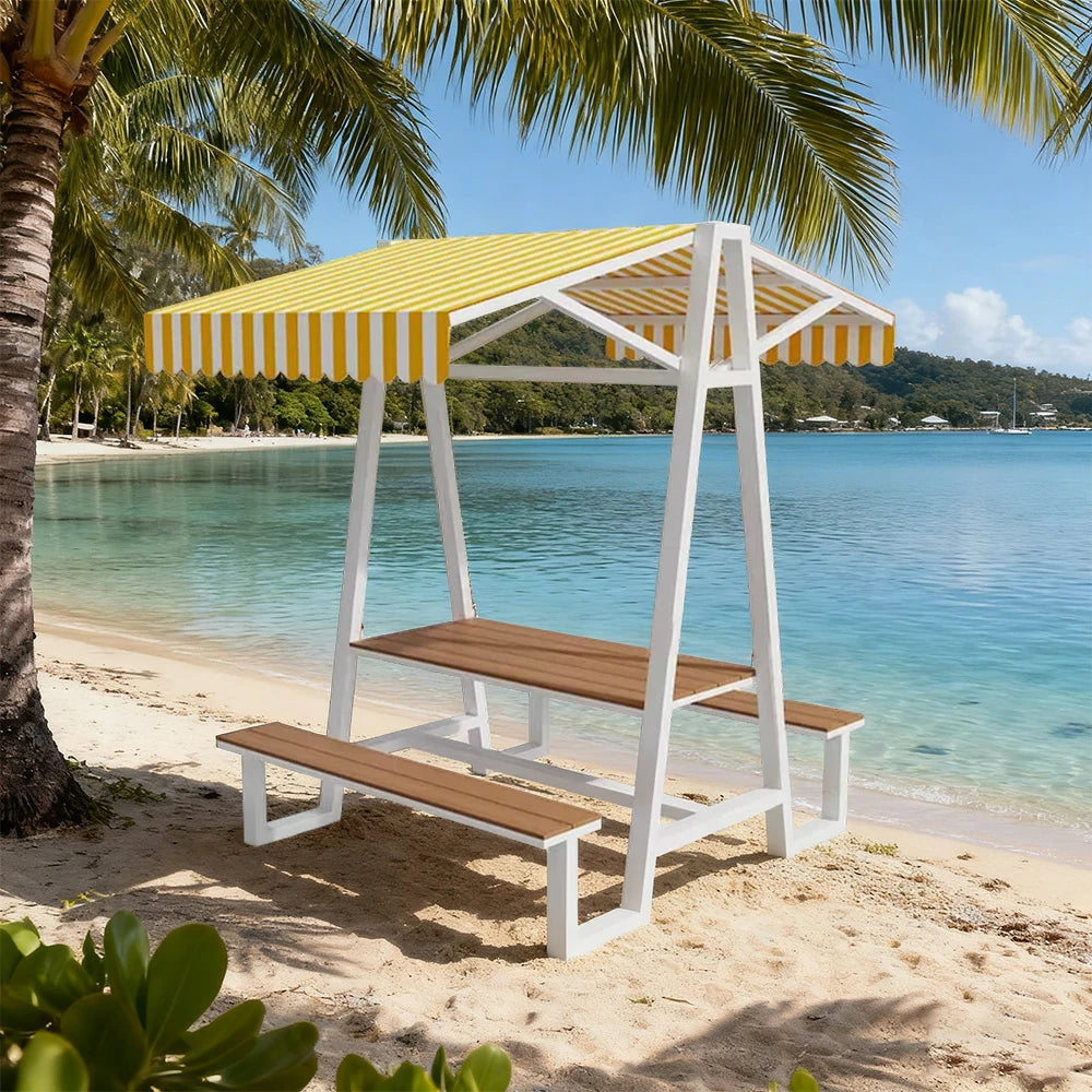 SOLARA Outdoor Canopy Table Set 120/160/200cm Waterproof Sunproof Thick Canopy Metal Frame High-Temp Coated Anti-Rust Stability - White&Yellow