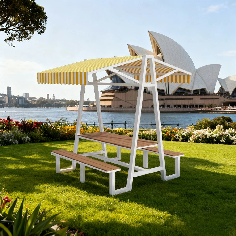 SOLARA Outdoor Canopy Table Set 120/160/200cm Waterproof Sunproof Thick Canopy Metal Frame High-Temp Coated Anti-Rust Stability - White&Yellow