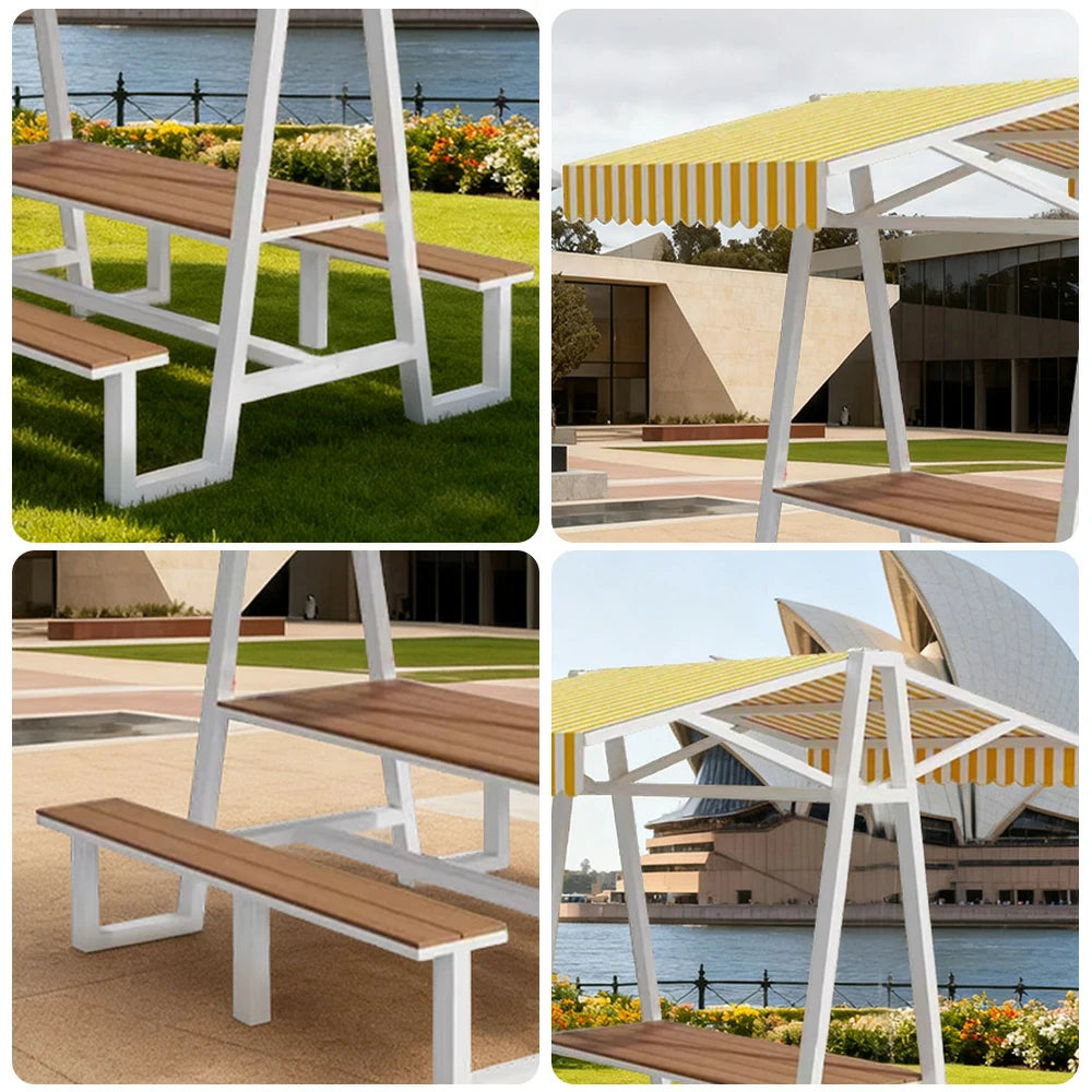 SOLARA Outdoor Canopy Table Set 120/160/200cm Waterproof Sunproof Thick Canopy Metal Frame High-Temp Coated Anti-Rust Stability - White&Yellow