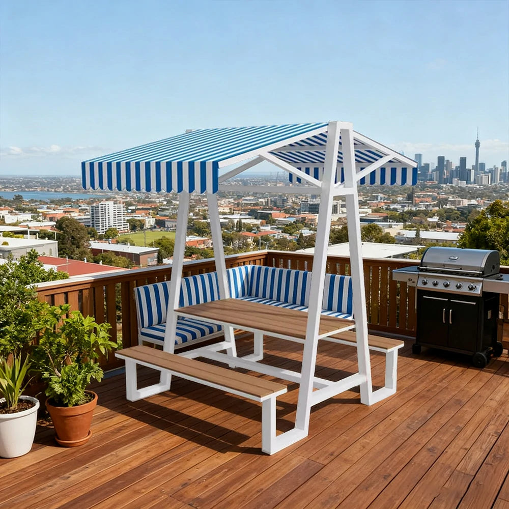 SOLARA Outdoor Canopy Table Set 120/160/200cm Waterproof Sunproof Thick Canopy Metal Frame High-Temp Coated Anti-Rust Stability - White&Blue